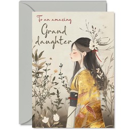Granddaughter Birthday Card - Gold Geisha Girl - Beautiful Happy Birthday Card for Granddaughter from Grandma Grandad, 5x7 Inch Female Oriental Bday Golden Greeting Cards