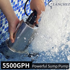 LANCHEZ 1.6 HP Stainless Steel Submersible Water Pump 5500GPH High Flow with Float Switch Long Cord, Sump Pump for Quick Water Removal from Swimming Pool Flooded Basement Pit Sewage Sink Pool Tub