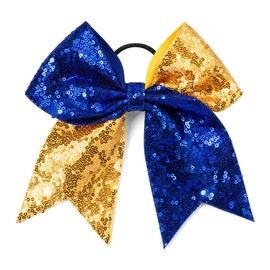 Glitter Cheer Bows for Cheerleader Gold and Blue Large Ponytail Holder