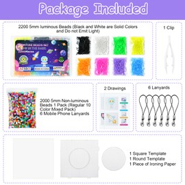 AUAUY Fuse Beads Kit, 4200pcs Glow-in-The-Dark Regular Mix 5mm Iron Beads Set for Kids, Bead Melting Craft Kit with Box, 2 Pegboards, 2 Pattern Cards, Tweezers, Ironing Paper and 6 Keyring