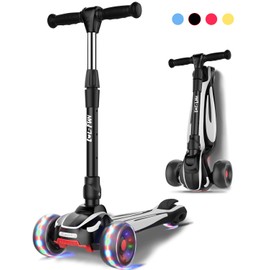 LOL-FUN Scooter for Kids Ages 3-5 Years Old Boy Girl with 3 Wheels, Extra-Wide Children Foldable Kick Scooter Kids Ages 6-12 Toddler with 4 Adjustable Height and Lean-to-Steer - Black