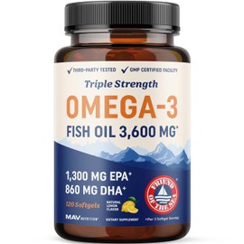 Aceite de Pescado Omega 3 Triple Fuerza 3600 mg  Ms de 2100 mg cidos Grasos Omega-3 EPA y DHA (1300  860)  Suplemento Alimenticio Premium, Frmula Sin 