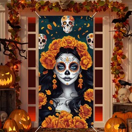 Dia De Los Muertos Door Cover Day of The Dead Porch Sign Banner Gothic Halloween Mexican Fiesta Party Decor Sugar Skull Marigold Flowers Decoration for Mexican Wall Front Porch Indoor Outdoor Supplies