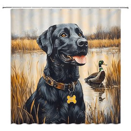 Farmhouse Dog Shower Curtain Funny Dogs Lake Wild Ducks Hunting Theme Nature Landscape Pets Lover Lovely Animal Bathroom Decor Polyester Fabric Curtains with Hook 70Wx70H Inches