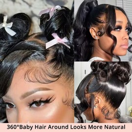 PRUWIGS 360 Lace Front Wigs Human Hair Body Wave 200% Density Upgraded Hidden Straps 360 HD Full Lace Wigs Human Hair With Drawstring Pre Plucked With Baby Hair for Women Natural Black(20inch)