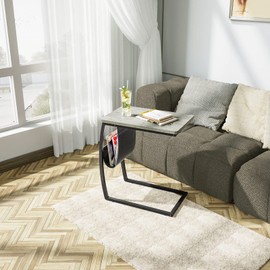 SRIWATANA Side End Tables Living Room, Vintage C-Shaped Laptop Table for Couch, Snack Table with Side Pocket, Light Grey