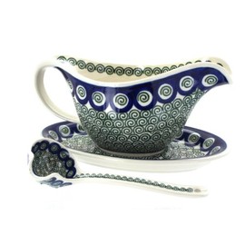 Blue Rose Polish Pottery Peacock Swirl Gravy Boat & Ladle