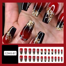 CJDLTS French Tip Press on Nails Medium Rhinestones False Nails Gold Glitter Powder Design Coffin Nails Black Red Gradient Fake Nails Artificial Nails Acrylic Stick on Nails Press Nails for Women