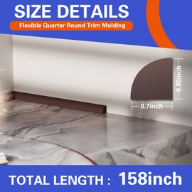 Flexible Quad Moulding, Peel and Stick, Corner Moulding Trim, Waterproof Rubber Quad Moulding, Suitable for Use on Floors, Bathrooms and Countertops (0.7” W x 0.86” H x 158” L, Deep Coffee Color)