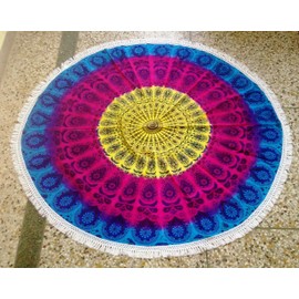 Tie Dye Indian Peacock Feaher Round Hippie Tapestry Wall Hanging Bohemian Mandala Throw with Fringe Lace Boho Gypsy Table Cloth Picnic Blanket Beach Towel, Roundie Yoga Mat