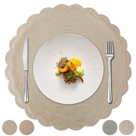 Candumy Round Placemats Set of 6, Faux Leather Tablemats Waterproof for Kitchen Dining, Non Slip Heat Resistand Table,Wipe Clean Placemats (Warm Pale Gold, 15 Inches)