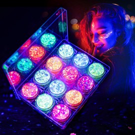 LATIBELL Gel brillante en la oscuridad para mujer, 12 colores de maquillaje grueso con purpurina fina, purpurina negra UV para cuerpo, cara, cabello, sombra de ojos, purpurina para fiesta de carnaval