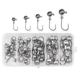 yufana Pack of 45 Jig Hooks with Round Jig Head, Fishing Premium Offset Hook Set Lead Head Fishing Hooks Set with Various Sizes 2 g 3.5 g 5 g 7 g 10 g