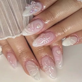 3D Floral Press on Nails Medium Almond Fake Nails - White False Nails Press ons with Petal,Bow,Pearl Design Reusable Acrylic Nails Glossy Full Cover Artificial Stick on Nails for Women Manicure 24 Pcs