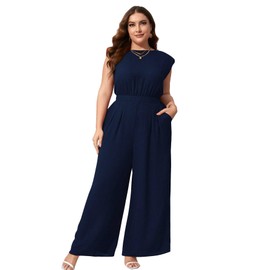 RED DOT BOUTIQUE 708 - Plus Size Round Neck Tank Shoulder Padded Sleeveless Wide Leg Pants Jumpsuit With Pockets (Navy Blue, 3X)