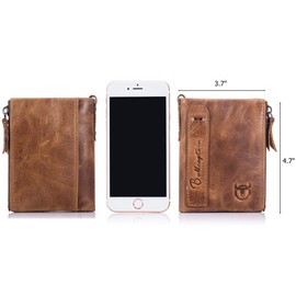 BULLCAPTAIN Genuine Leather Wallet for Men Vintage Bifold with Double Zipper Pockets (Brown)