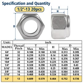 Vifmy 20 Pack 1/2"-13 Inch Locknuts,304 (A2-70) Stainless Steel Nylon Insert Lock Nuts,Standard Inch Thread Nylock Nuts