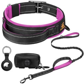 DAGANXI Dog Collar Adjustable Soft Neoprene Padded Breathable Reflective Strip Nylon Collar for Small Medium Large Dogs, with Airtags Case and Dog Poop Bags Dispenser (Large, Black/Pink-Set)