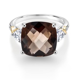 Gem Stone King 925 Silver and 10K Yellow Brown Smoky Quartz and White Moissanite and Diamond Ring For Women (7.05 Cttw, 12MM Cushion and 5mm Trillion, Available in Size 5,6,7,8,9)