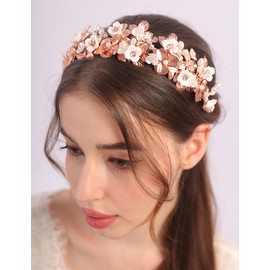 BERYUAN Rose Gold Flower Leaf Wedding Headband Vintage Flower Leaf Pearls Bridal Headpiece White Flower Pearls Rhinestone Headband Rose Gold Wedding Hair Accessories for Women