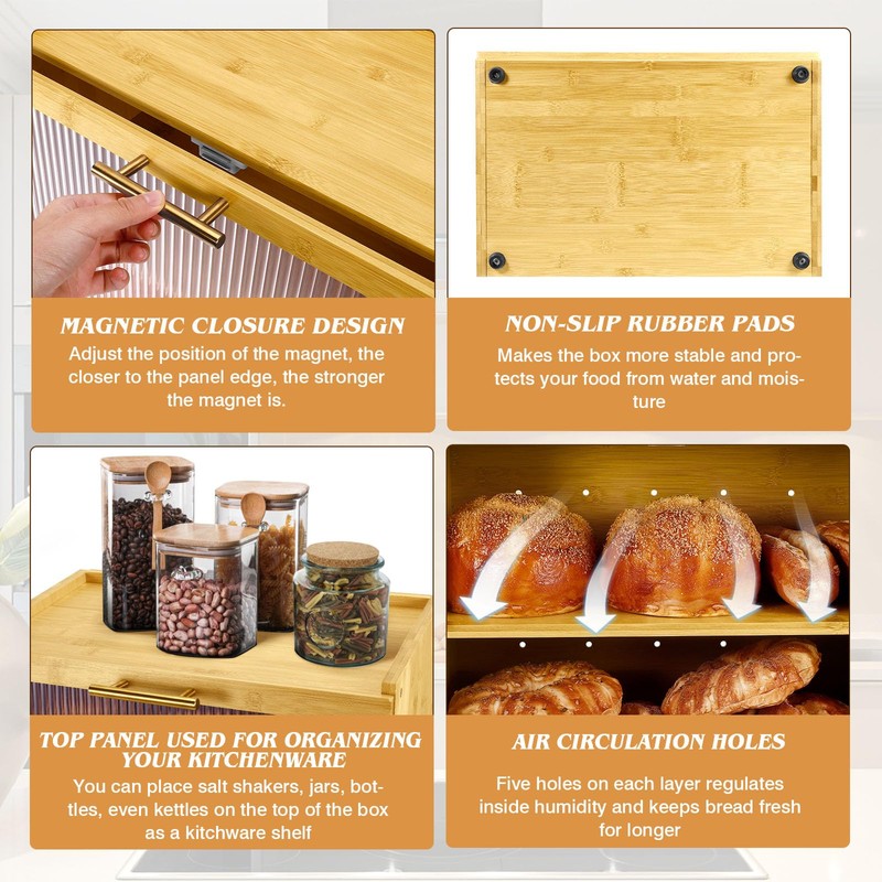 Joyvilla Double Layer Bamboo Bread Box for Kitchen Countertop, Bread