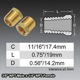 boeray 3/8 Inch NPT Male Thread to 1/4 Inch Female NPT Thread Brass Pipe Fitting Reducing Hex Head Hose Bushing Adapter Convert Pack of 2