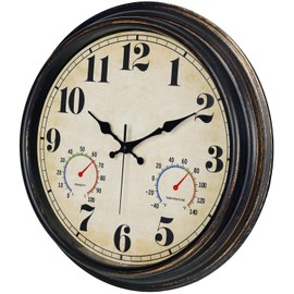 zyzamay 16 Inch Black Gold Vintage Indoor/Outdoor Wall Clock with Thermometer & Hygrometer & Waterproof, Large Silent Sweep Numerals, Perfect for Porch, Garden, Pool