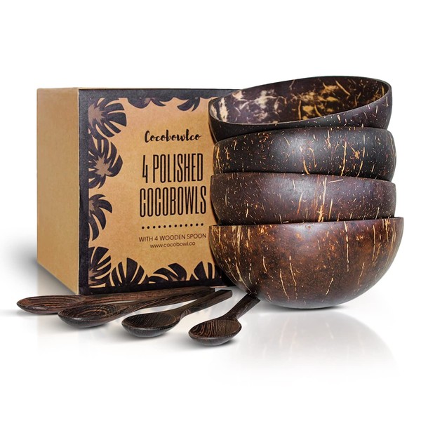 COCOBOWLCO Coconut Bowl & Wooden Spoons Bowl Set - Birthday Gifts for Women - Coconut Bowls for Eco Friendly Kitchen Decor, Acai Bowls & Smoothie Bowls (4, Polished)