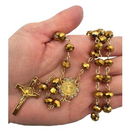 Crystal Beads Rosary Catholic Necklace Holy Soil Medal Cross Crucifix Deluxe Rosary For Boy or Girl Baptism/First Communion Gift -12 PCS, Medium, Metal, acrylic