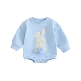 ZZLBUF Infant Baby Girl Boy Easter Outfits Clothes Set Cute Bunny Embroidery Romper Sweatshirt Long Sleeve Bodysuit (Blue, 0-6 Months)