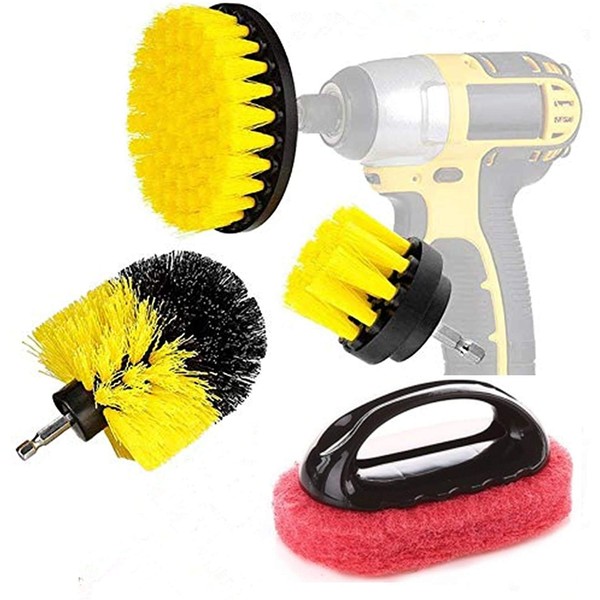Drillbrush - Kit de limpieza multiusos para superficies de cocina, tina, ducha, azulejos y lechada, Amarillo, Yellow Brush+ Red Scrub Pads, 4