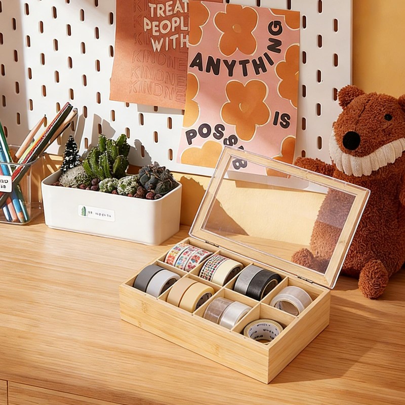 Qinpufu Wooden Washi Tape Organizer Box with Clear Lid –