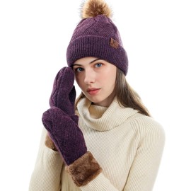 Maylisacc Women's Hat Gloves Set with Thick Fleece Lining, Warm Winter Hat Mittens Hat with Bobble and Mittens Women, Purple