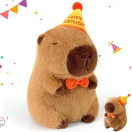 Capybara Plush, Cute Capybara Teddy, Capybara Plush Toy with Scarf, Cuddly Stuffed Animal for Kids, Cute Animal for Boys and Girls at Birthday Easter Valentine's Day Gift(25cm/9.84in) (Birthday Hat)