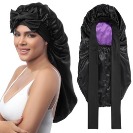 AWAYTR Long Satin Bonnet for Sleeping - Double Layer Reversible Silk Bonnet for Long Hair Women Sleeping Cap with Tie Band (Black+Purple)