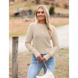 Zeagoo Women's 2025 Fall Crewneck Cropped Sweater Trendy Long Sleeve Ribbed Knit Pullover Jumper Tops Beige