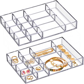 Amazing Abby - Jewel - 2-Pack Acrylic Jewelry Organizer, Plastic Jewelry Tray, Jewelry Case, Trinket Tray, Ring Holder, Perfect Storage Solution for Necklaces, Bracelets, Rings, and More