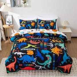 Btargot Black Kids Full Cartoon Dinosaur Comforter Set 5 Piece Dino Alphabet Reversible Bedding Set for Boys Girls Bed in a Bag