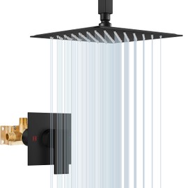 Airuida Ceiling Mount Shower Only Faucet Set Single Function Shower Trim Kit Matte Black 10 Inch Square Shower Head Bathroom Rainfall Shower System with Rough-in Valve Male Thread