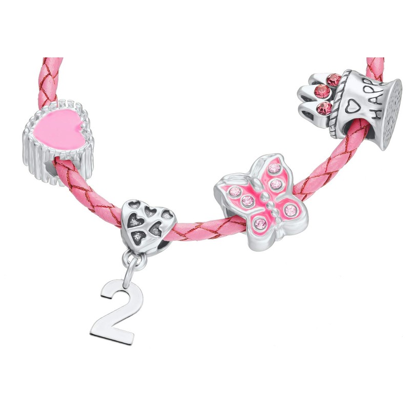 2nd Birthday Pink Leather Charm Bracelet for Girls Presented in
