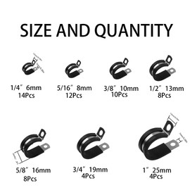 Rrina 60Pcs 304 Stainless Steel Cable Clamps Assortment Kit, Rubber Cushion Pipe Clamps Metal Clamp 7 Sizes 1/4" 5/16" 3/8" 1/2" 5/8" 3/4" 1''