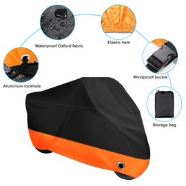 XYZCTEM Motorcycle Cover,All Season Black&Orange Waterproof Outdoor Sun Motorcycle Cover,Fits up to 116" Motors