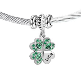 KunBead Jewelry 4 Green Four Leaf Clover Love Heart Charm Bracelet Luck Cuff Bangle Silver Expandable Stainless Steel Jewellery Bracelets for Women