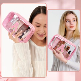 LOFOWN Initial Clear Makeup Bag Small Cosmetic Bag Travel Toiletry Bag Clear Zipper Pouch Purse Organizer Bags for Women, PINK-M, R, Initial Makeup Bag
