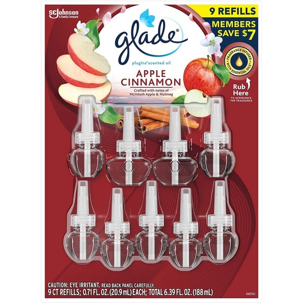 Glade PlugIns Scented Oil Refill, Essential Oil Infused Wall Plug in, 6.39 fl. oz, 9 ct. (Apple Cinnamon)