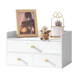 Bamboo Desk Organizer with Drawers Wooden Desktop Storage Organization Box for Bills Office Supplies Kitchen Utensils Organizing Tool for Home Classroom Vanity, No Assembly Required (3 Drawers, White)