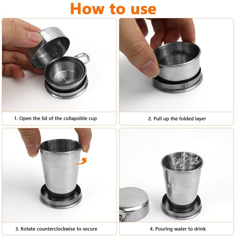 Folding Cup, Pack of 2 Stainless Steel Foldable Cups, 75