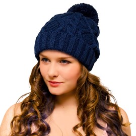 Entire Empire Navy Woolly Hat Ladies Bobble Beanie Navy Long Beanie Slouch Blue - Pompom Winter Hats Knitted with Pom Pom for Women - Woollen Cap Hat Chunky Cable Knit Navy