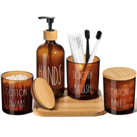 ALPIRIRAL Glass Bathroom Accessories Set, Amber Complete 5 Pcs with Bamboo Tray, Soap Dispenser and Toothbrush Holder Set, Qtip Holder Set, Farmhouse Boho Bathroom Set Complete