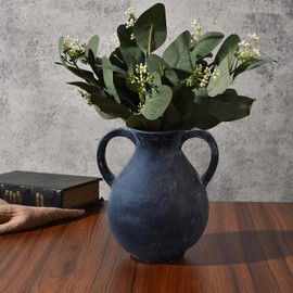 Smiletag Black Rustic Vases Home Decor Ceramic Vase with Handles Farmhouse Decorative Terracotta Vase Pottery Vases for Table Living Room Shelf Decor